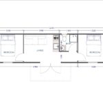 Plan d'étage d'une maison modulaire compacte comprenant deux chambres, une zone de vie centrale, une salle de bain et une cuisine. La chambre à gauche mesure 3 000 mm par 3 000 mm, la chambre à droite mesure 3 200 mm par 2 800 mm, la salle de bain mesure 1 600 mm par 1 050 mm, et la zone de vie a une largeur de 3 540 mm. La maison a une longueur totale de 12 000 mm.