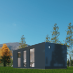 Bureau modulaire moderne avec façade sombre, grandes fenêtres en verre, situé dans une zone herbeuse avec des arbres, une montagne et un ciel bleu dégagé.