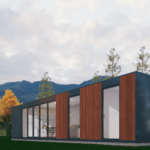 Maison modulaire moderne avec grandes fenêtres en verre et bardage en bois, située dans un cadre naturel avec des montagnes et des arbres en arrière-plan, et une zone herbeuse à l'avant-plan.