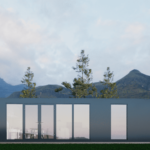 Maison modulaire moderne avec grandes fenêtres et portes vitrées, façade sombre et toit plat, située dans un cadre naturel avec des montagnes et des arbres en arrière-plan.