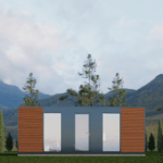 Maison modulaire moderne avec une combinaison d'éléments en bois et en métal, grandes fenêtres et porte vitrée, située dans une zone herbeuse avec des arbres et des montagnes en arrière-plan, sous un ciel partiellement nuageux.