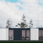Bureau modulaire moderne avec façade sombre, grandes fenêtres et portes en verre avec cadres sombres, bureaux et chaises visibles à l'intérieur, situé dans un cadre naturel avec de grands arbres et un ciel partiellement nuageux.