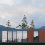 Maison modulaire moderne avec grandes portes et fenêtres vitrées, extérieur en panneaux sombres et lattes en bois, située dans un environnement naturel avec des arbres, des montagnes et un ciel partiellement nuageux.
