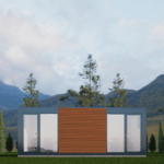 Bureau modulaire moderne avec de grandes portes vitrées et une section centrale en bois, situé dans un cadre naturel avec des arbres et des montagnes en arrière-plan, sous un ciel partiellement nuageux.