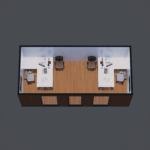 : Bureau modulaire moderne avec un design minimaliste, grandes fenêtres laissant entrer la lumière naturelle, deux modules de bureau équipés de matériel informatique, et une vue extérieure sur un paysage avec des arbres et un ciel dégagé.