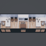 Plan d'étage d'un espace de bureau modulaire avec trois sections principales : section gauche avec un grand bureau, une chaise, un ordinateur et des fournitures de bureau, bureau plus petit avec une autre chaise ; section centrale avec table centrale, deux chaises, kitchenette/armoires, deux chaises en face de la table ; section droite miroir de la section gauche.