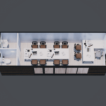 Disposition d'un bureau modulaire moderne avec section gauche comprenant deux petites pièces avec toilettes et lavabo, section centrale avec grande table et huit chaises, section droite avec deux bureaux et une petite table avec chaise.
