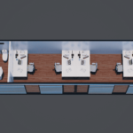 Vue de dessus d'un bureau modulaire avec plusieurs postes de travail, salle de réunion, espace de détente et cuisine, grandes fenêtres offrant une vue sur des arbres et une pelouse.