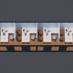 Vue de dessus d'un bureau avec quatre postes de travail séparés par des cloisons, chaque poste ayant deux bureaux se faisant face, chacun avec une chaise, un ordinateur portable, une lampe et des papiers, le tout dans une pièce rectangulaire avec un sol en bois
