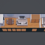 Plan de sol 3D d'une maison modulaire avec salle de bain, cuisine et salle à manger, salon avec canapé et télévision murale, chambre avec lit et armoire