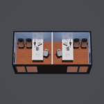 Bureau modulaire moderne avec une vue de dessus montrant deux sections identiques, chacune avec un bureau, un ordinateur portable, des papiers, une lampe de bureau, deux chaises derrière le bureau et trois chaises contre le mur arrière, plancher en bois et murs en verre à l'avant.