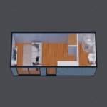 Vue de dessus d'une petite maison modulaire compacte comprenant un espace de vie avec canapé blanc, table basse et télévision, une cuisine avec plan de travail et armoires, et une salle de bain avec douche, lavabo et toilettes, sol en bois, grandes portes coulissantes en verre menant à un espace extérieur.