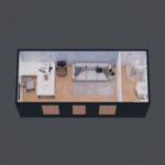 Vue de dessus d'un bureau modulaire moderne comprenant une zone de bureau avec table et chaises, ordinateur, lampe de bureau et étagère ; une zone de vie avec canapé gris, coussins, tapis et lampe sur pied ; et une salle de bain avec douche, lavabo et toilettes.