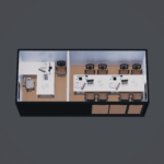 Vue de dessus d'un bureau modulaire moderne avec une section de bureau privé comprenant un bureau avec chaise, ordinateur, fournitures de bureau et chaise pour visiteurs, et une salle de conférence avec grande table entourée de chaises, ordinateurs portables et fournitures de bureau.