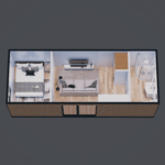 Vue de dessus d'une maison modulaire moderne comprenant une chambre avec lit double, table de chevet et tapis, un salon avec canapé, table basse, lampe et téléviseur mural, et une salle de bain avec douche, lavabo et toilettes.