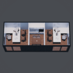 Plan d'étage d'un espace de bureau modulaire avec trois sections principales : section gauche avec un grand bureau, deux chaises, deux écrans d'ordinateur, un clavier, une souris, une lampe de bureau et quelques papiers, petite table latérale avec une chaise ; section centrale avec table rectangulaire, quatre chaises, étagères ou armoires contre le mur du fond ; section droite miroir de la section gauche.