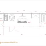 "Grande maison modulaire comprenant une salle de bain entièrement équipée, un salon avec kitchenette, réfrigérateur, table à manger, canapé, meuble TV, dressing, et une grande chambre avec un grand lit."