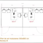 Plan d'un bureau modulaire de 19,9 m², dimensions 3 x 6,6 mètres, comprenant deux bureaux carrés équipés chacun d'une table et de trois chaises.