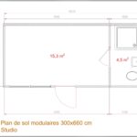 Maison modulaire de 19,8 m², dimensions 3 x 6,60 mètres, comprenant un espace aménageable de 15,3 m² et une salle de bain avec WC de 4,5 m².