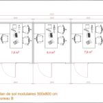 Bureau modulaire avec trois espaces de travail d'environ 8 m² chacun, conçus pour recevoir du public.
