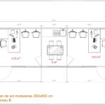 "Bureau modulaire avec deux espaces ouverts au public et un îlot central pour déjeuner."