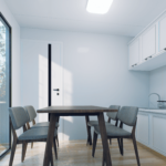Cuisine et salle à manger modernes et minimalistes avec petite table à manger en bois, quatre chaises avec sièges rembourrés, placards blancs, plan de travail avec évier, casserole noire sur la cuisinière, grande fenêtre et porte en verre, sol en bois.