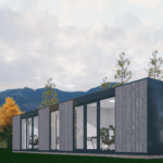 Maison modulaire moderne avec de grandes fenêtres et portes vitrées, matériaux sombres et panneaux en bois, située dans un environnement naturel avec des arbres, des montagnes et un ciel partiellement nuageux.