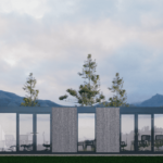 Maison modulaire moderne avec de grandes portes et fenêtres en verre, offrant une vue sur l'intérieur, extérieur en panneaux de bois verticaux, située sur un fond d'arbres et de montagnes avec un ciel clair.