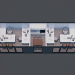 Plan de bureau moderne avec deux grandes zones de travail, des bureaux équipés de chaises de bureau et d'ordinateurs, deux toilettes, une kitchenette centrale, et de grandes fenêtres fournissant de la lumière naturelle.