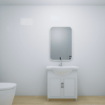 Salle de bain minimaliste moderne avec toilette blanc, coiffeuse avec lavabo et robinet, miroir rectangulaire à bords arrondis, murs blancs, sol en bois clair, et fenêtre horizontale près du plafond.